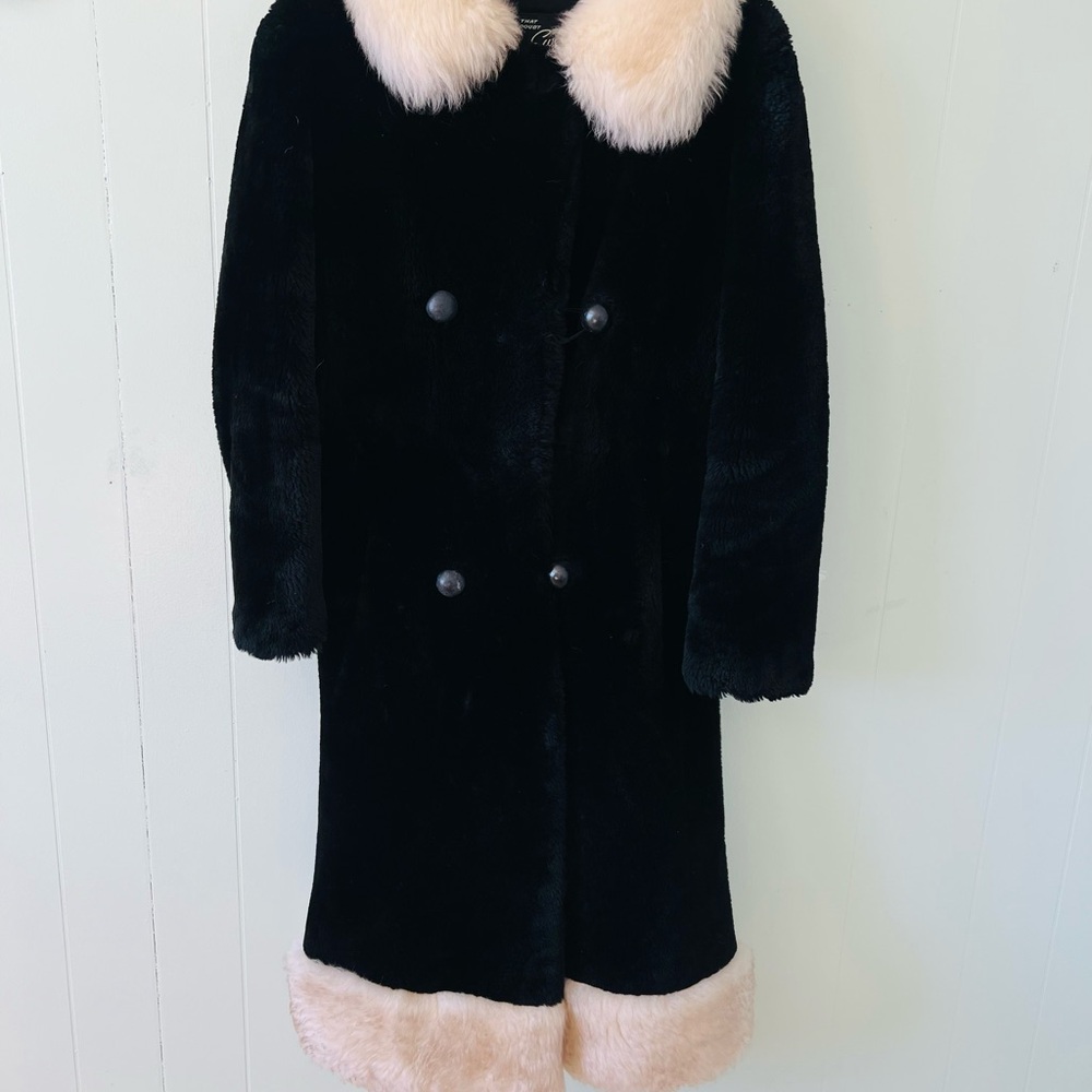 Vintage Mano Swartz Black and White Fur Coat with Fur Collar and Hem